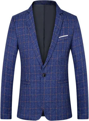 Ulnomio Men's Checked Blazer V-Neck Jacket Notch Lapel for Casual Activity Coat
