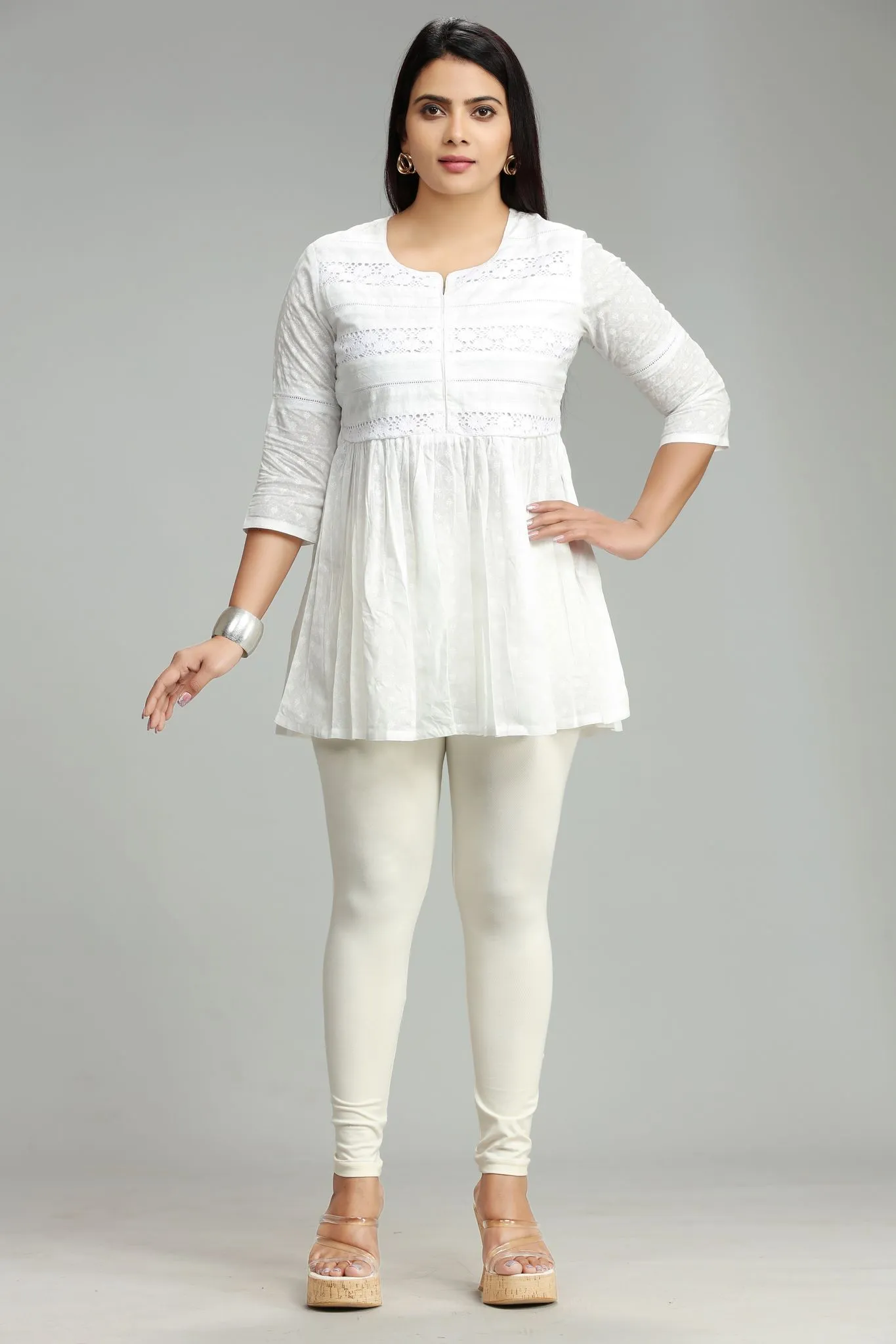 White Cotton Gathered Short Kurta
