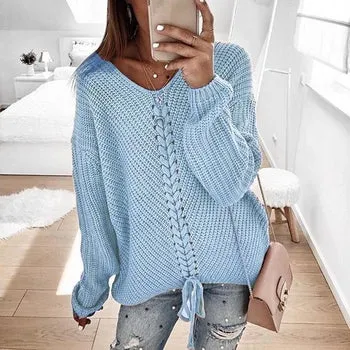 Women Patchwork Knitted Pullover Sweater