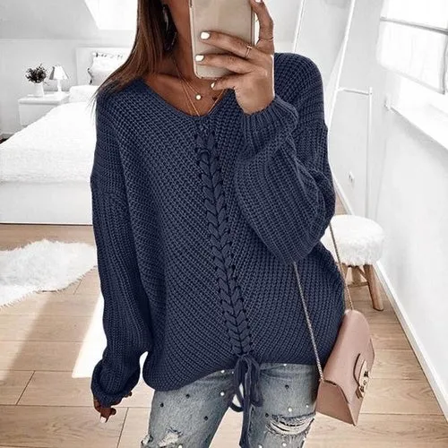 Women Patchwork Knitted Pullover Sweater