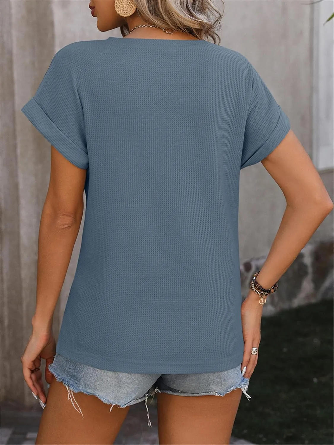 Womens Casual Top Short Sleeve Cute Twist Knot Waffle Shirts Loose T Shirt Tops