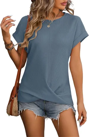 Womens Casual Top Short Sleeve Cute Twist Knot Waffle Shirts Loose T Shirt Tops