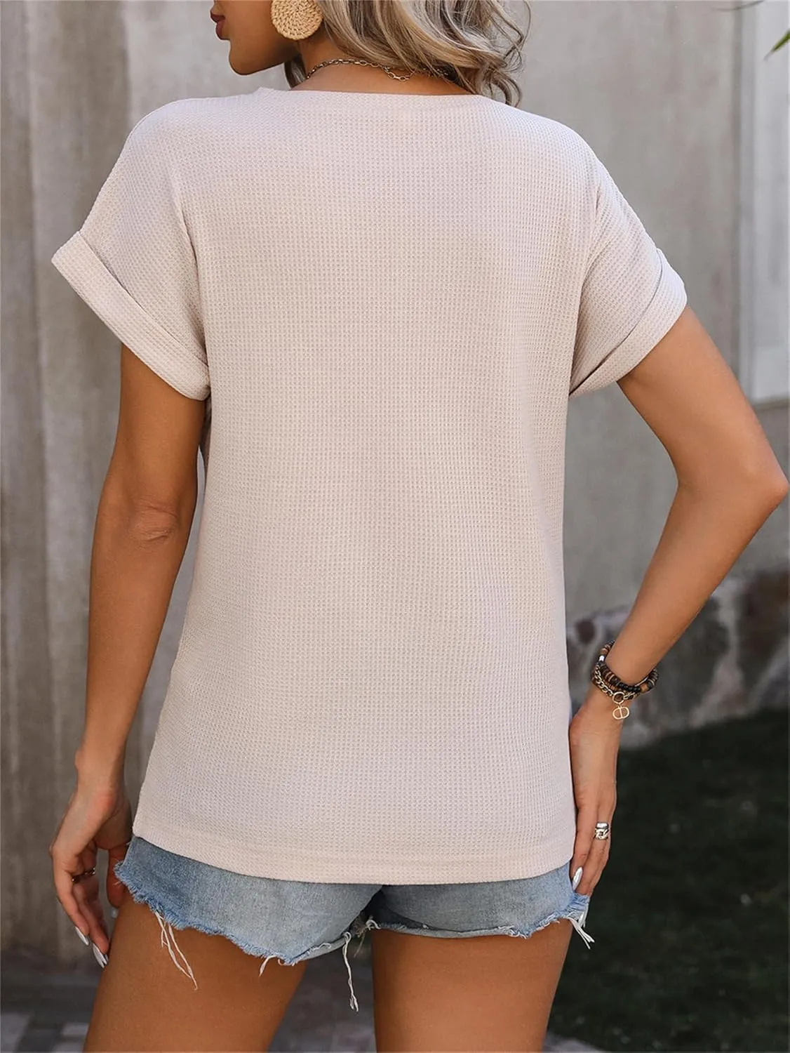 Womens Casual Top Short Sleeve Cute Twist Knot Waffle Shirts Loose T Shirt Tops