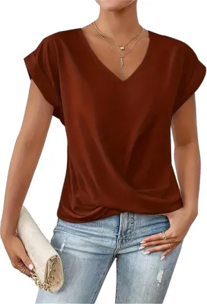 Women's Casual Top Short Sleeve Twist Knot Shirts Slim Fit V Neck T Shirt Tops